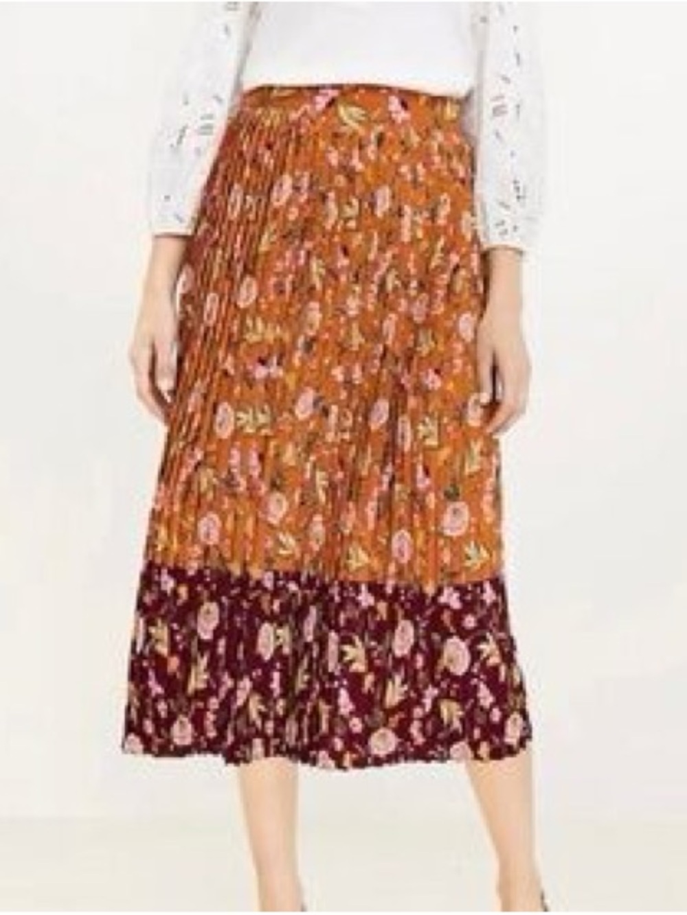 LOFT Two-Tone Floral Pleated Midi Skirt - Rust & Plum